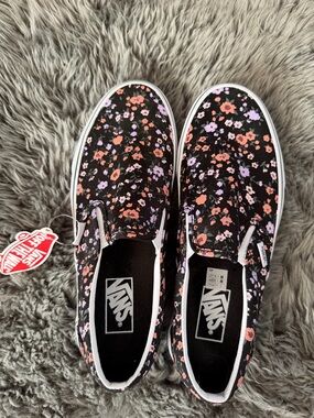 Vans Black Slip-On Sneakers with Pink & Lavender Floral Print
